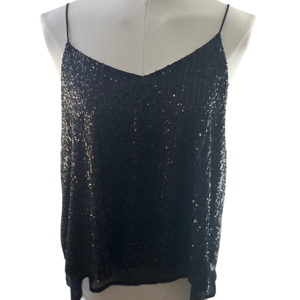 Saints & Hearts Black Sequin Tank Top L Sheer Hem‎ Glam Party Blouse
